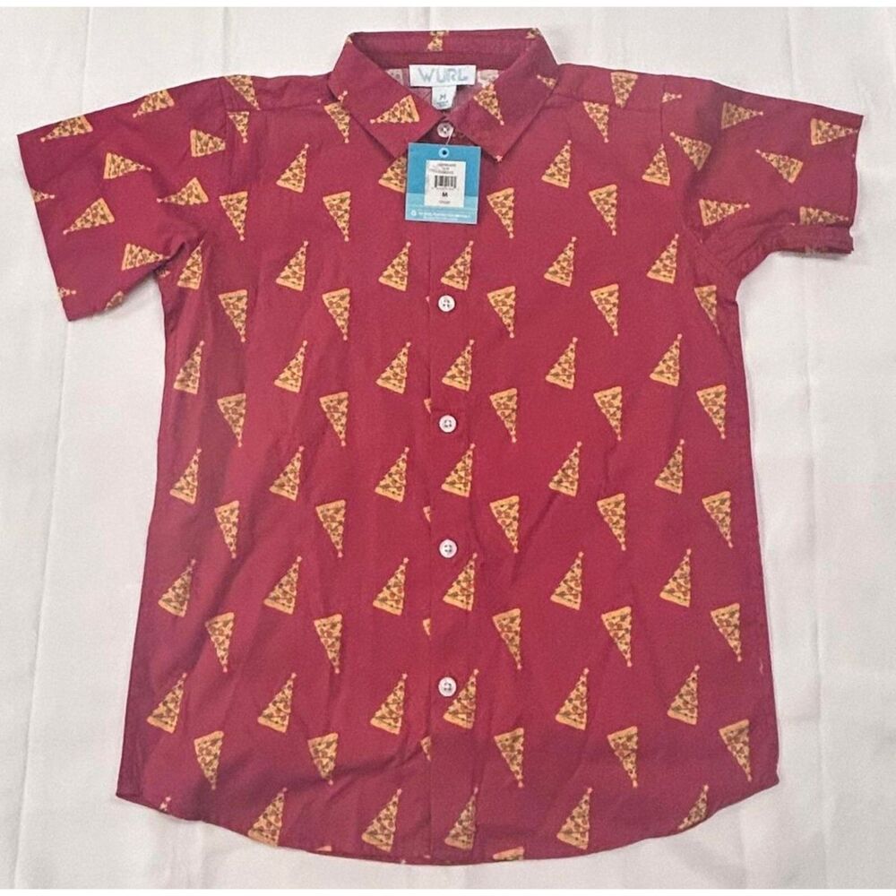 NWT Wurl Boys Size Medium Red Christmas Shirt Cruise Pizza Slice Christmas Trees